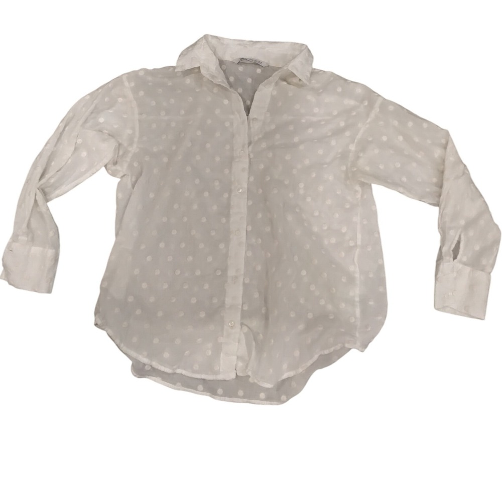 Zara Womens White Polka Dot Long Sleeve Button Down‎ Shirt Top